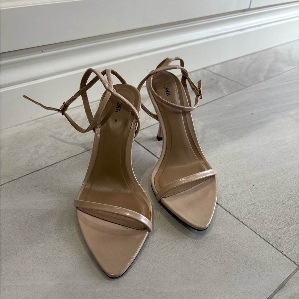 Zara Nude Patent Strappy Pointed Heels